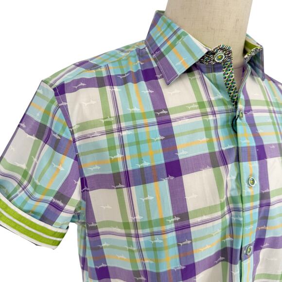 Robert Graham Button Front Short Sleeve Shirt ECUADOR Shark Print Purple Green M - Picture 3 of 10